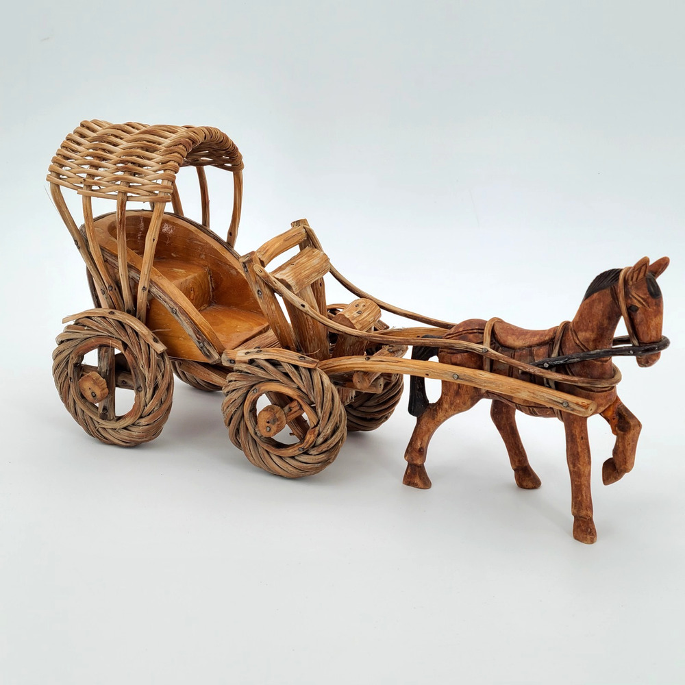 Amish-Made Wood Carved Horse Carriage Figurine Home Decor Vintage Handmade 14"